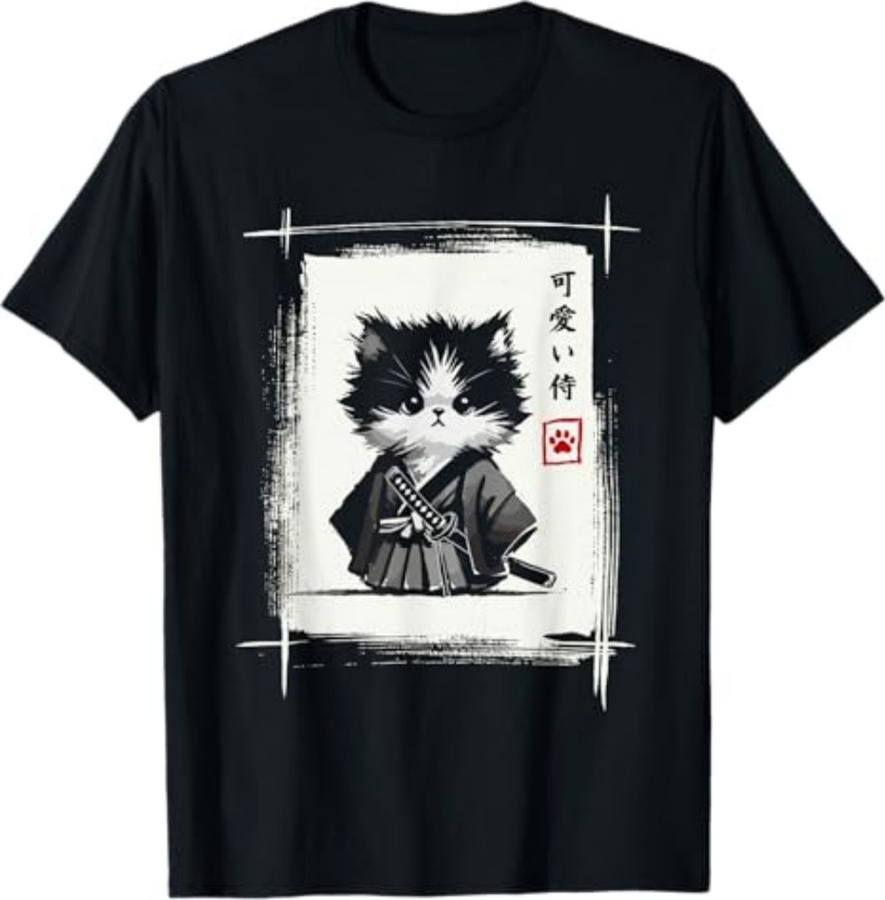 Samurai Cat Japanese Art Sumi-e Novelty Kawaii Funny Cat T-Shirt