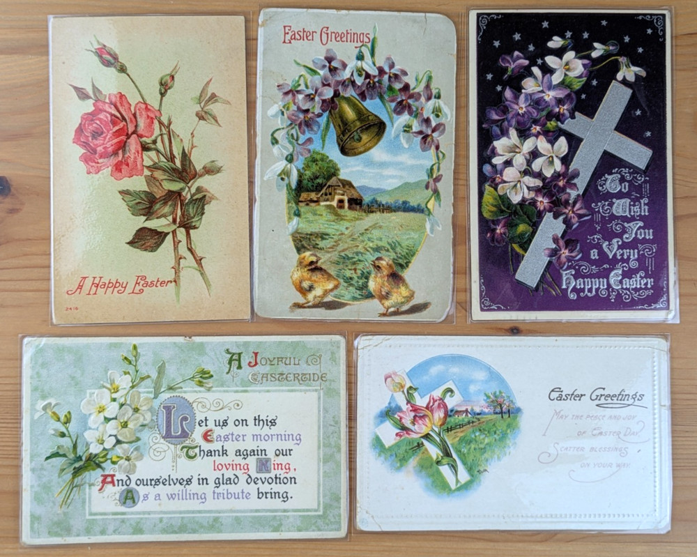 Lot of 5 Antique Embossed Laminated Illustrated Easter Greetings Postcards