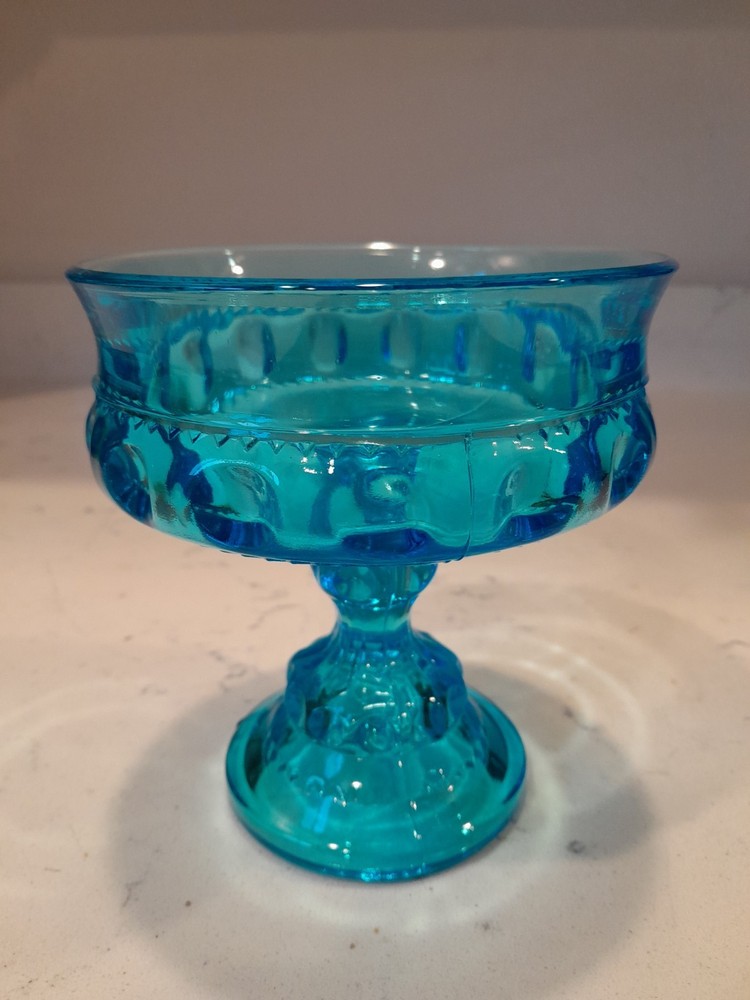 Vintage Indiana Glass Aqua Blue Kings Crown Thumbprint Compote Candy Dish