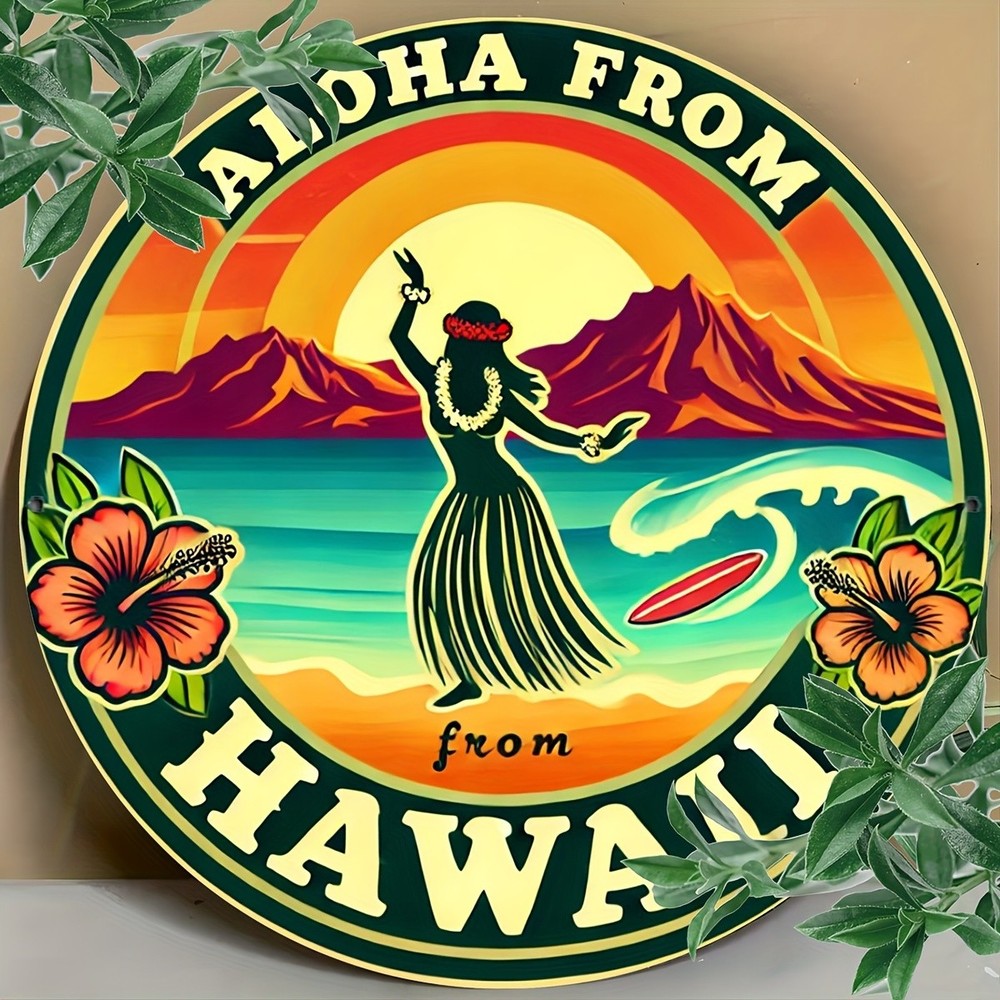 Vintage Hawaiian Aloha Woman Hibiscus Metal Sign 8x8Inch