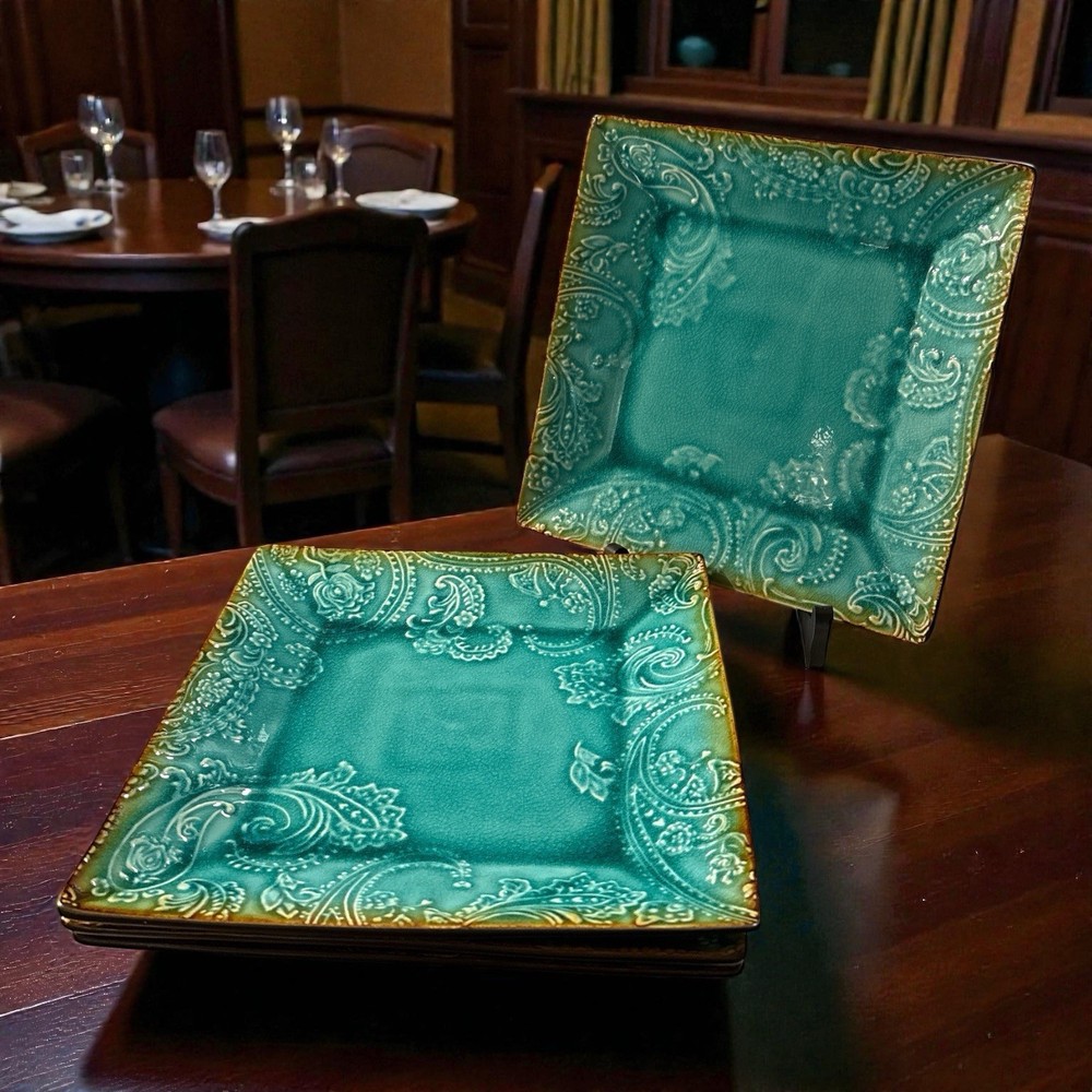 Roscher Collection Set of 4 Paisley Teal Embossed Design 10” Dinner Plates