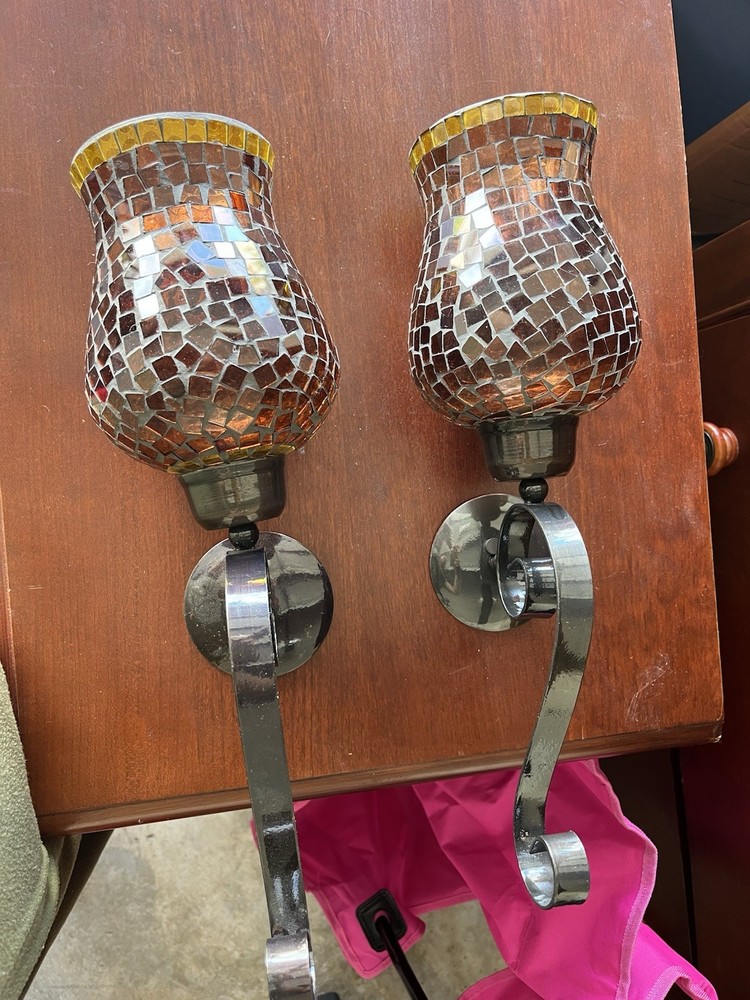 Pair Mosaic Glass Bell Wall Sconces Metallic Vintage Brown Yellow Silver