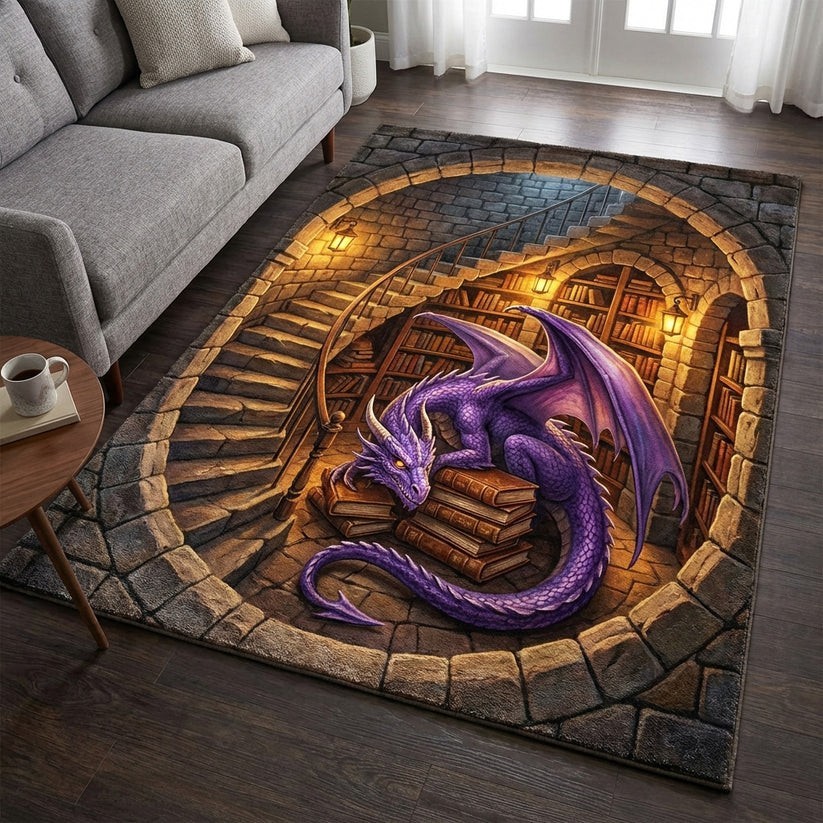 3D Dragon Library Area Rug Illusion Floor Mat Magic Home Decor Book Lover Gift