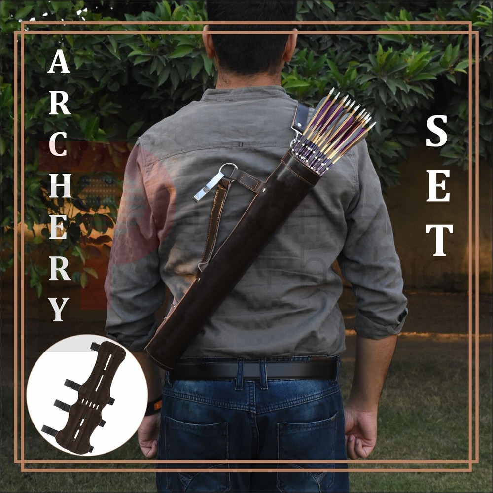 Back Arrow Quiver Genuine Cow Leather Arrow Holder with Brown Leather Arm Guard