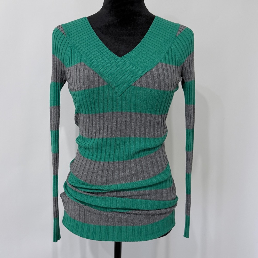 Say What? Y2K  Ribbed Knit V Neck Striped Long Sleeve Top Size S Green Gray