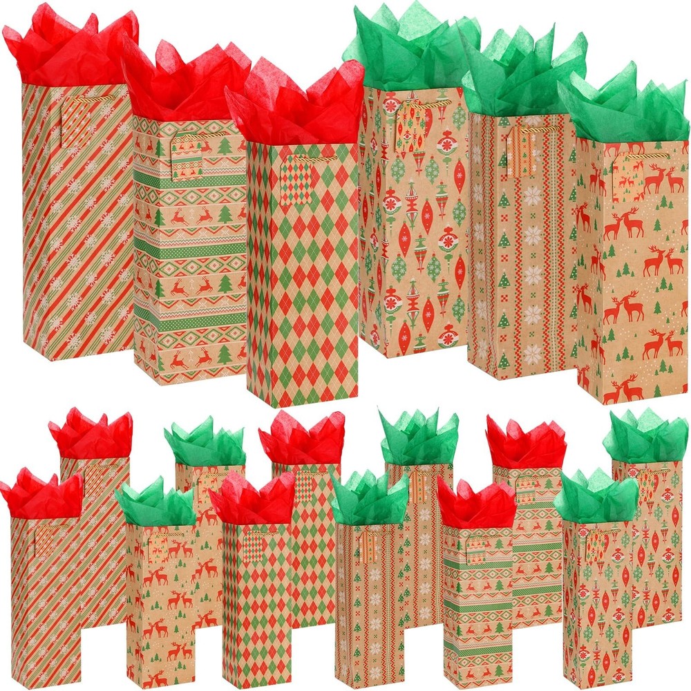 Qilery 60 Pieces Christmas Wine Bottle Gift Bags with Handle Christmas Kraft ...
