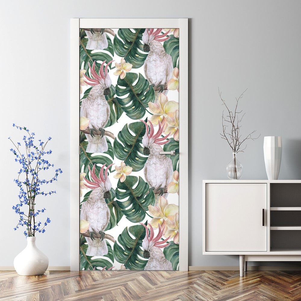 Colorful Tropical Parrot Bubble-Free Door Sticker Pink Green Home Decor