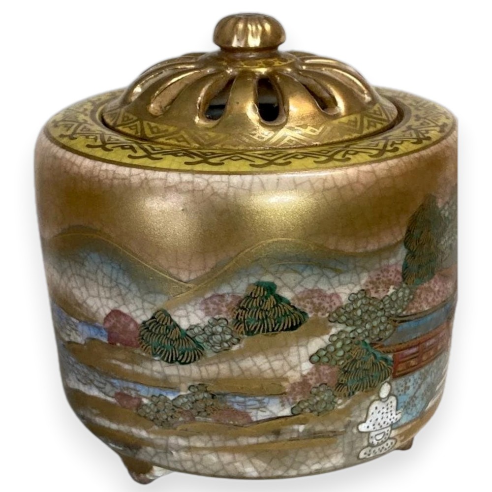 Satsuma Ceramic Incense Burner Japanese Vintage Censer Landscape Signed 3.7 inch