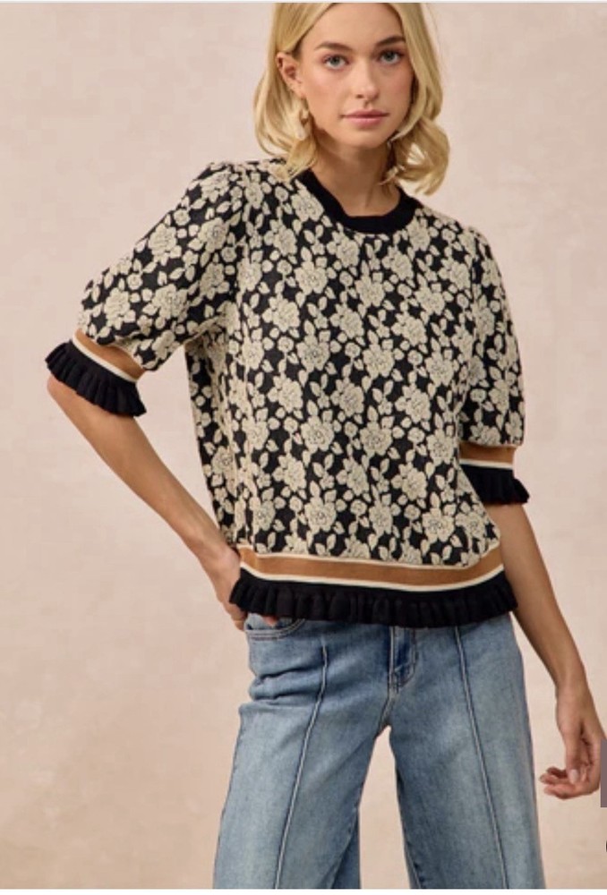 BIBI Women’s Floral Knit Pullover Sweater Black/White Short Sleeve Crew L