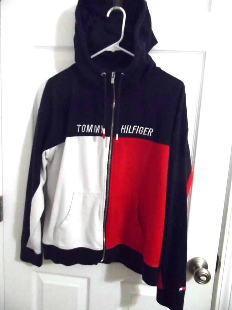 TOMMY HILFIGER Sport Hoodie Jacket Womens XL Navy Red White Full Zip Embroidered