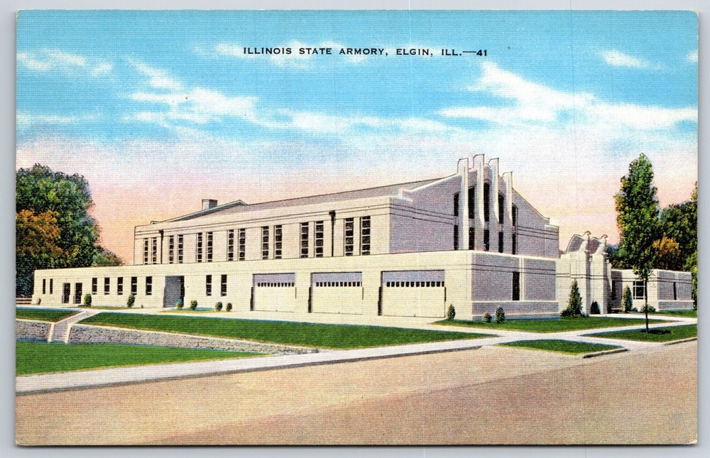 Elgin Illinois~State Armory Bldg Street View~EC Kropp Vintage Linen Postcard