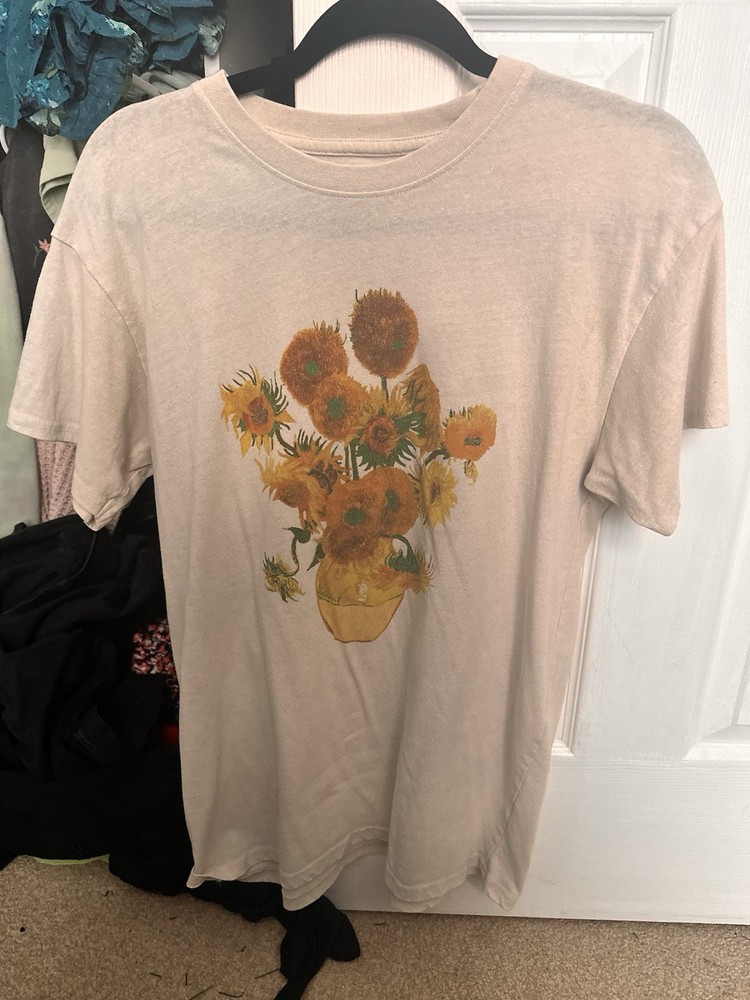 Brisco Brands Sunflower Art Men's Beige Cotton T-Shirt Size L Short Sleeve