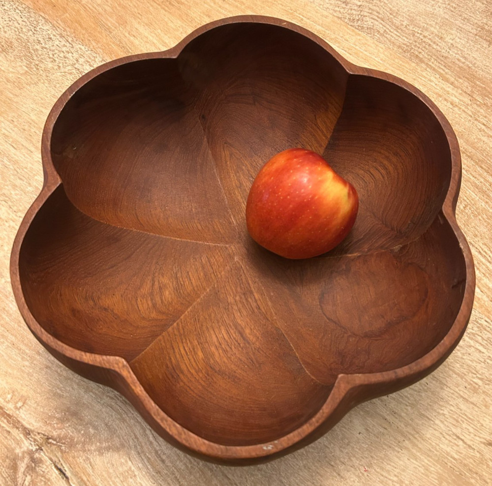 Vintage MCM DANISH TEAK WOOD BOWL Scalloped Rim Carved Wooden Salad Fruit 12