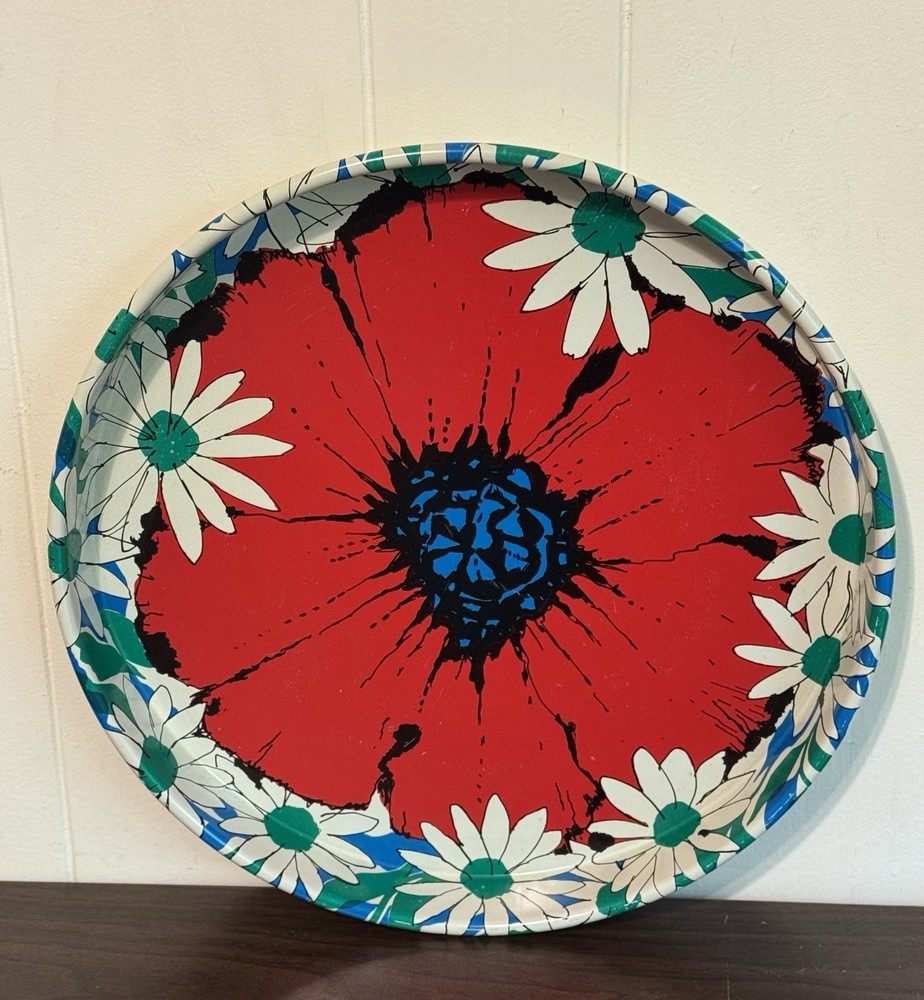 Vintage Round Metal Poppy Daisy Floral Tray