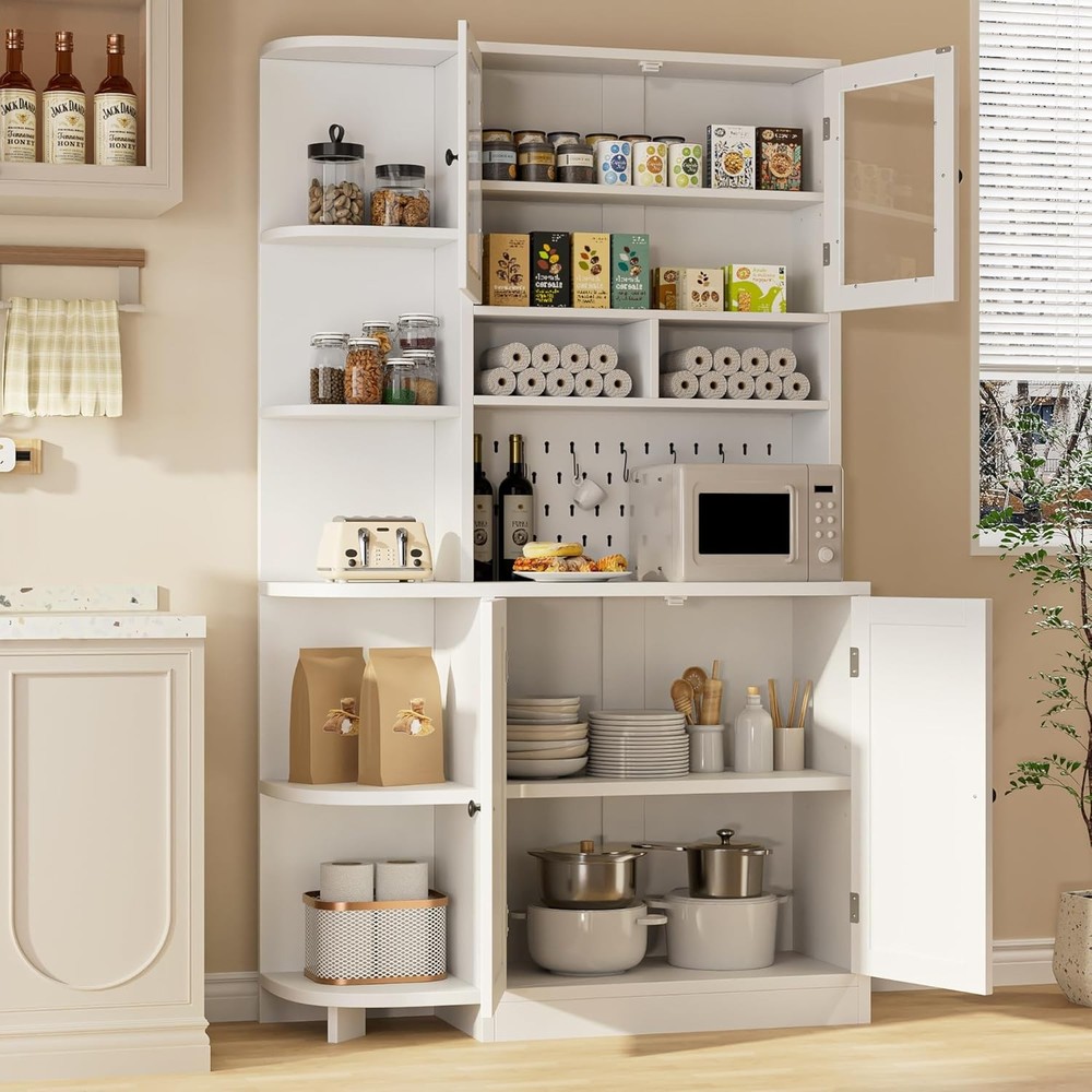 71 Inch Tall Pantry Cabinet with Microwave Stand and 4 Doors for Kitchen Storage