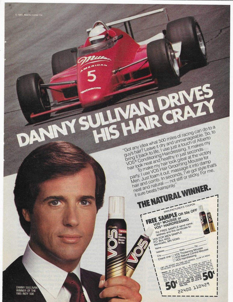 Indy 500  Danny Sullivan   Vo5   Original Print Ad