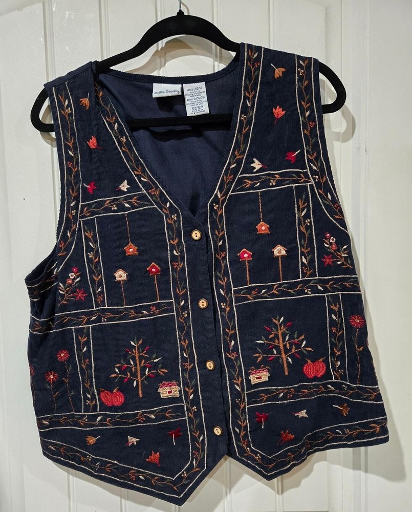 Vintage Bobbie Brooks Women's Corduroy Birdhouse Navy Vest LARGE Embroidered