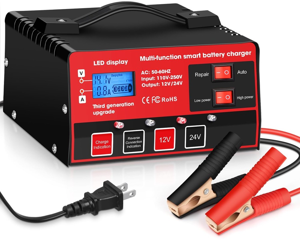 Car Battery Charger, Outerman 12V 24V Lead-Acid Battery Charger LCD Display A...