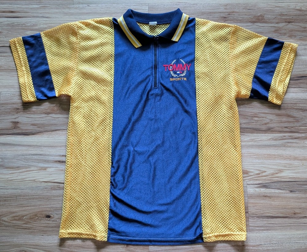 Vtg Tommy Hilfiger Polo Shirt Mens XL Blue Yellow Mesh Sailing Nautical Prep 90s