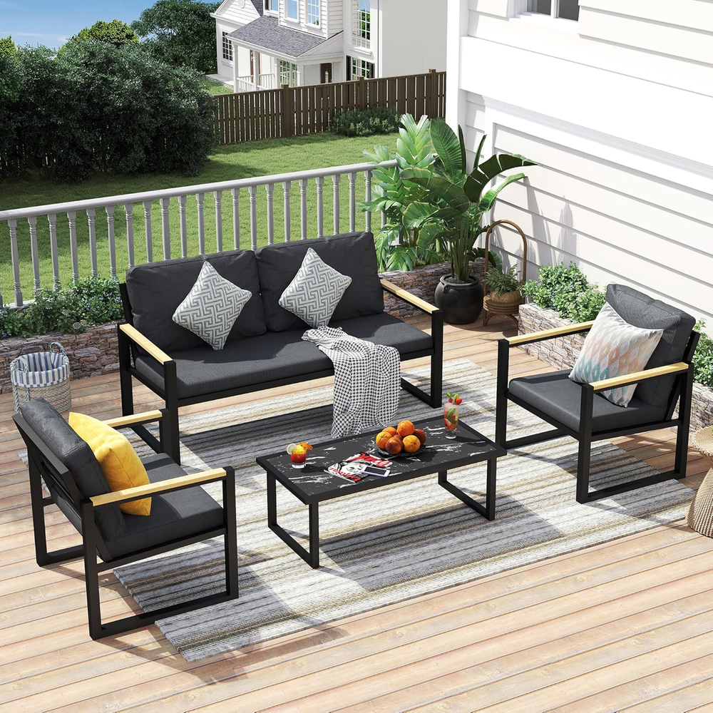 Aluminum Patio Furniture Set, 4 Pieces Patio Furniture with Coffee Table Set, Ou