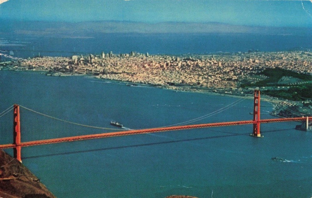 San Francisco CA California, Golden Gate Bridge Aerial View, Vintage Postcard