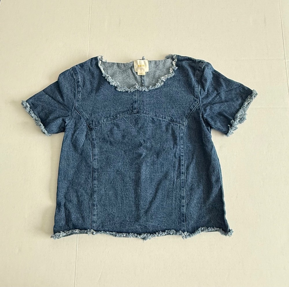 Maeve Anthropologie Women's Frayed Fringe Short Sleeve Blue Denim Top Size XS