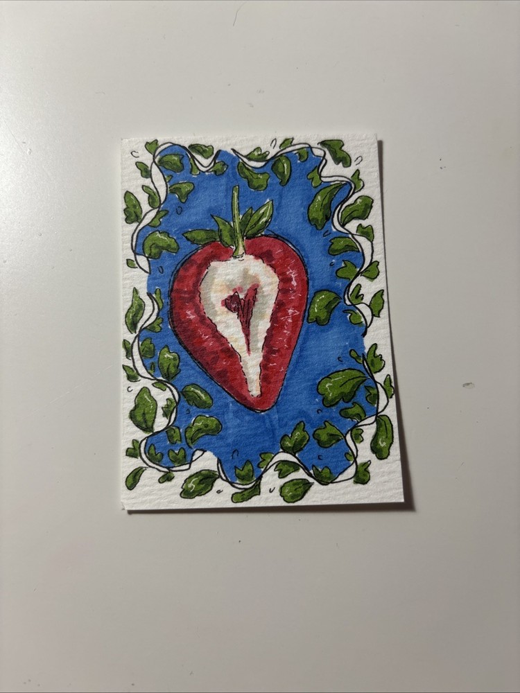 ACEO Original Strawberry Half Alcohol Marker Drawing On Paper By Janie 2.5x3.5