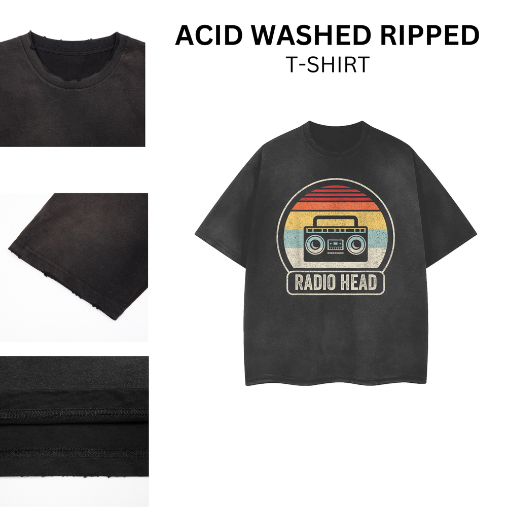 [ACID WASHED RIPPED] Retro Vintage Radio Head Distressed Merch T-Shirt 102326