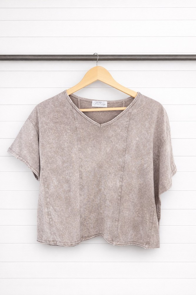 Dusty Taupe Mineral Wash  Boxy Cropped V-Neck Oversized T shirt Small