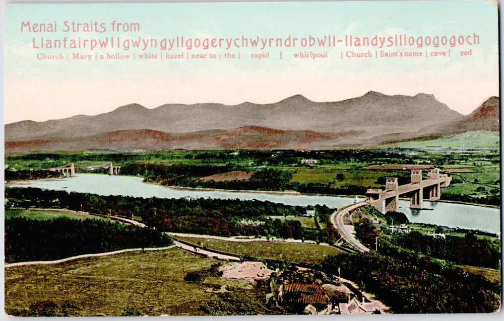 UK Wales Anglesey Llanfairpwll Menai Straits Bridge View Panorama 1910 Postcard