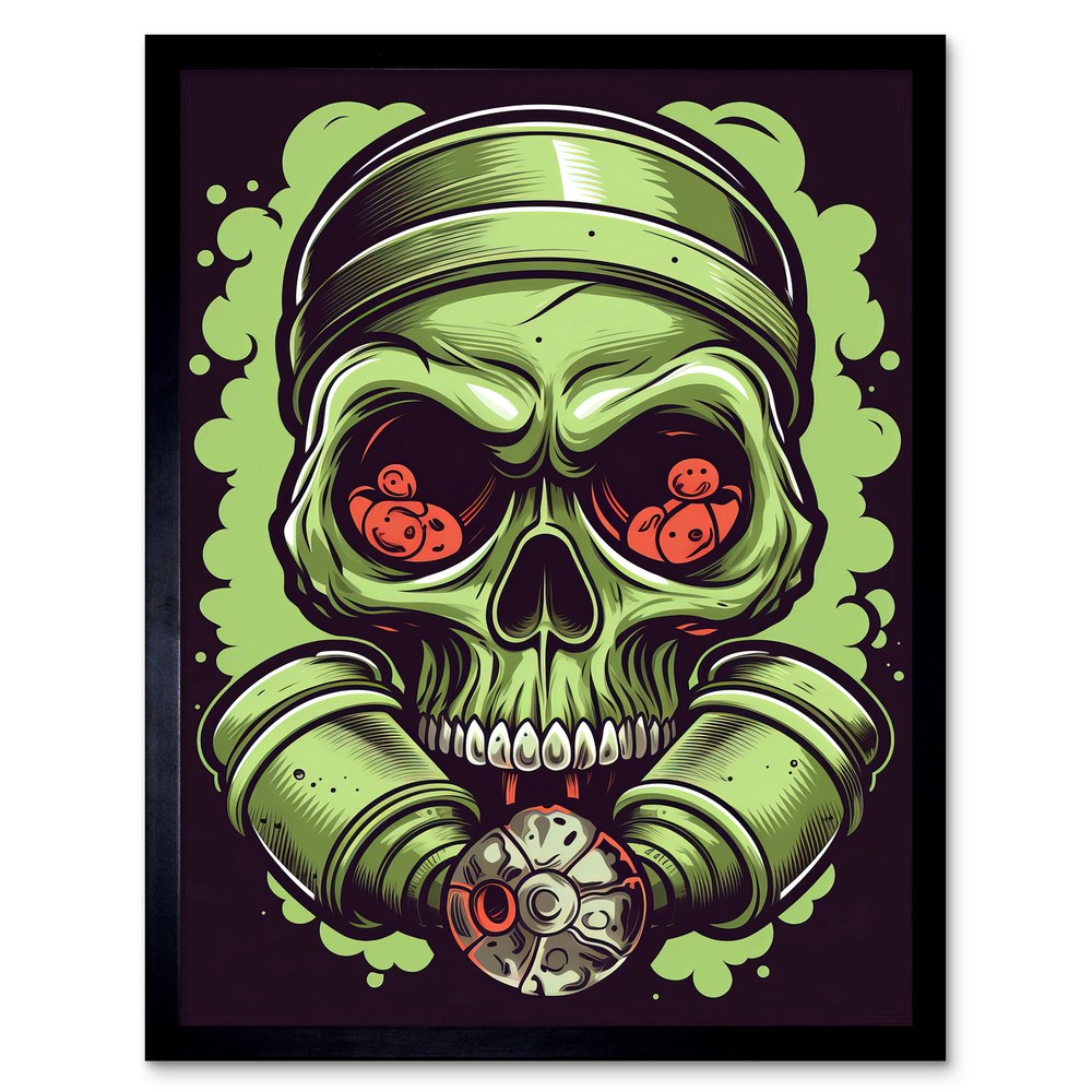 Skull Gas Mask Old School USA Tattoo Rockabilly 50s Framed Print Wall Art 12x16