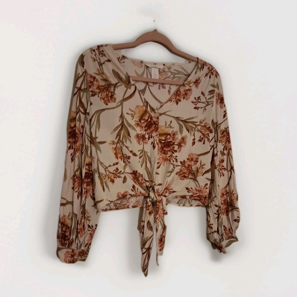 H&M Woman's Long Sleeve Floral Lightweight Tie-Front Button Down Blouse Size 6