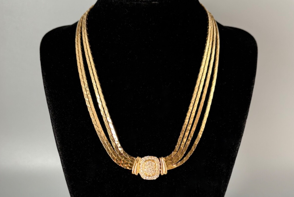 VTG CHRISTIAN DIOR Gold-Tone Crystal Front Clasp Multi-Strand Choker Necklace