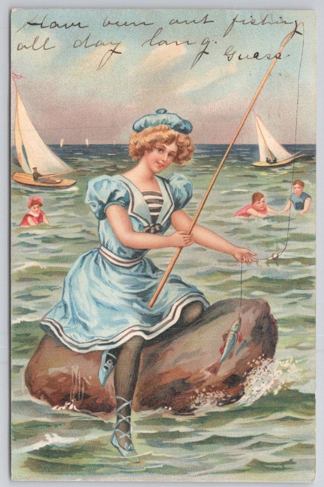 1906 Norfolk VA Postcard Woman Fishing Sailor Suit Ocean Water Boats Antique