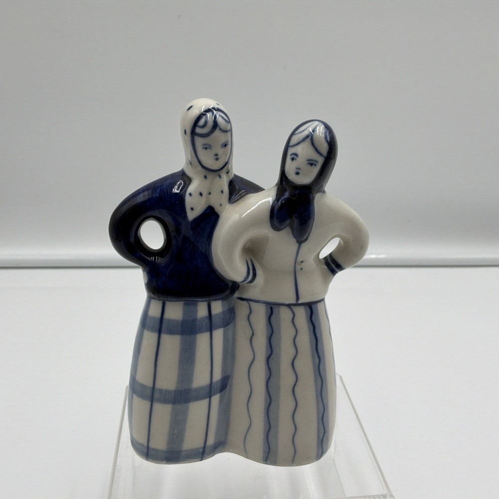 Vintage USSR Gzhel Hand Painted Blue White Porcelain Two Girls Folk Art Figurine