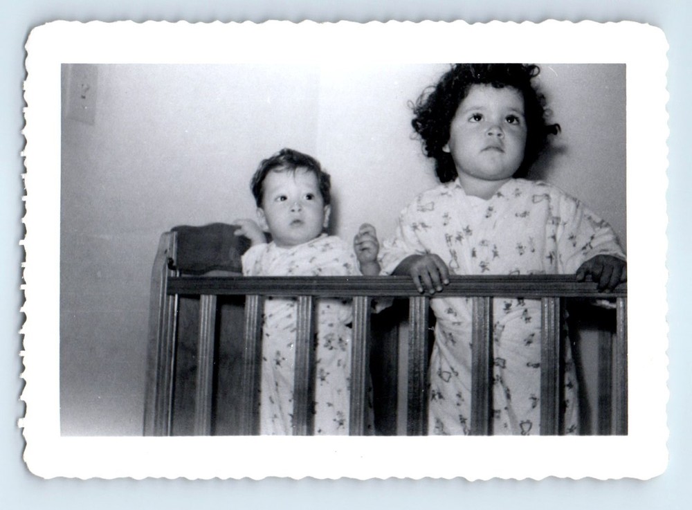 Old Vintage Photo BOY AND GIRL IN CRIB PLAYPEN FOUND PHOTOGRAPH SNAPSHOT PIC