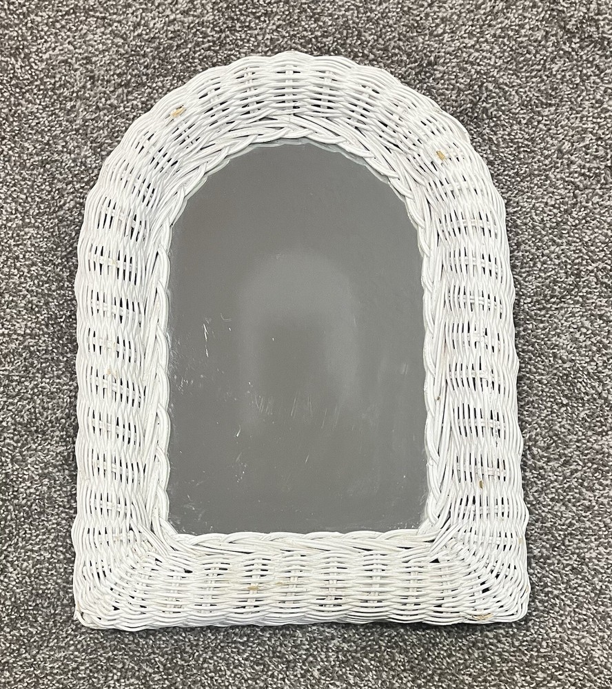 Wicker Mirror White Rattan Wall Hanging Arched 16x12 Shabby Chic Boho Vintage