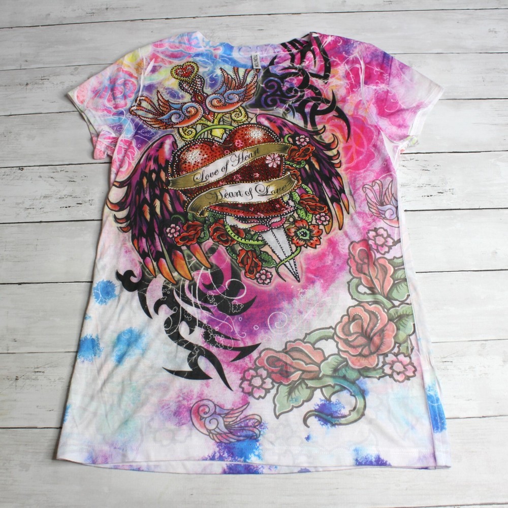 Vintage Tattoo Art Women's Graphic Tee with Heart Wings Rhinestones Size L M  