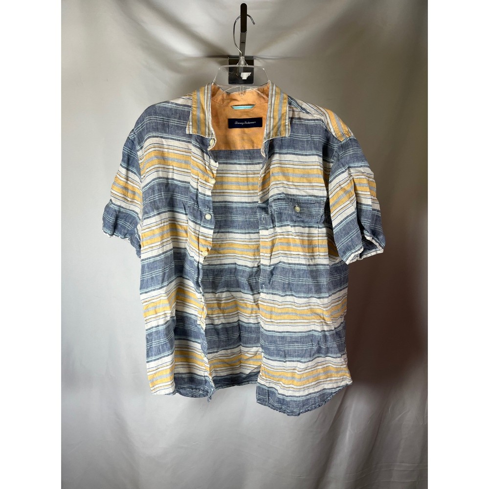 Tommy Bahama Mens Large Blue Yellow Striped 100% Linen Short Sleeve Button Shirt