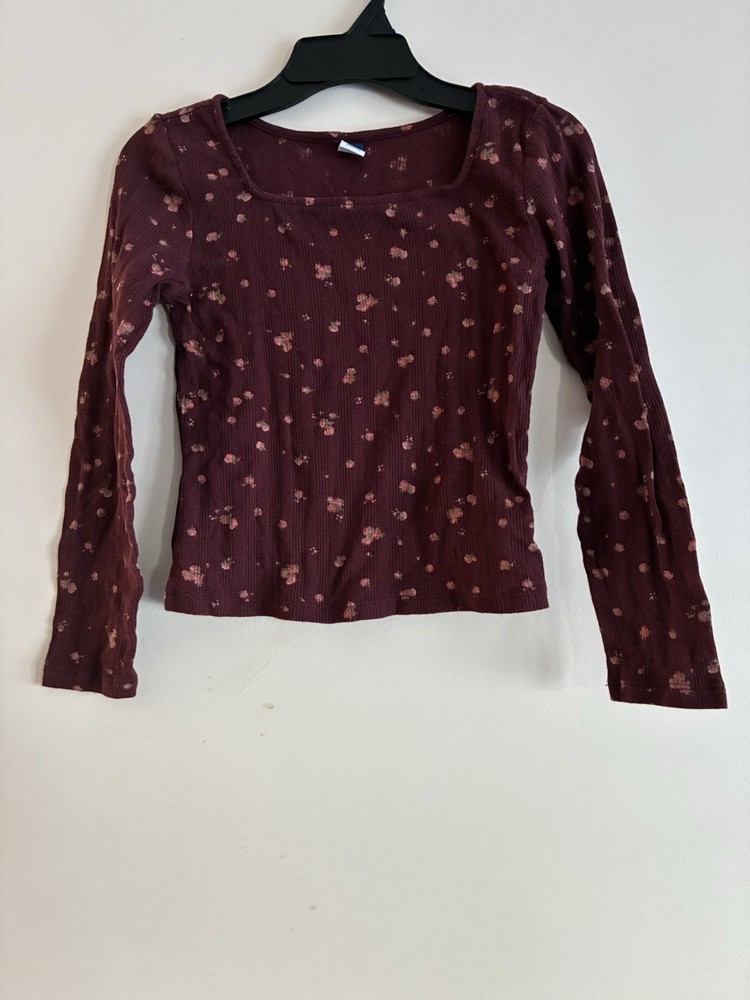 Old Navy Kids Girls Floral Cotton Blend Square Neck Long Sleeve Shirt Red Wine L
