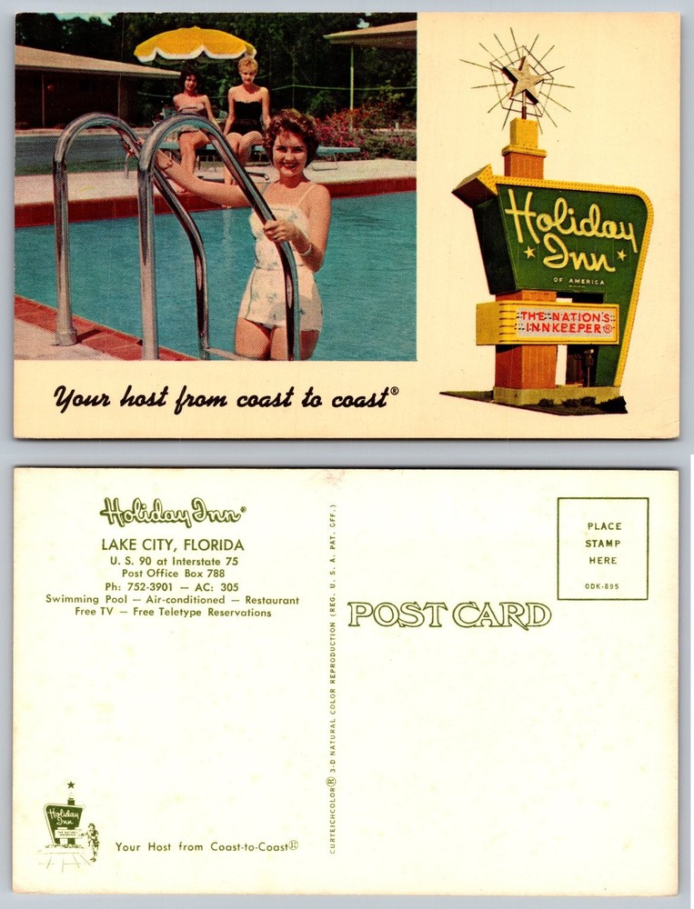 Vintage Holiday Inn Lake City FL Postcard 1960s Pool & Iconic Sign Curteich
