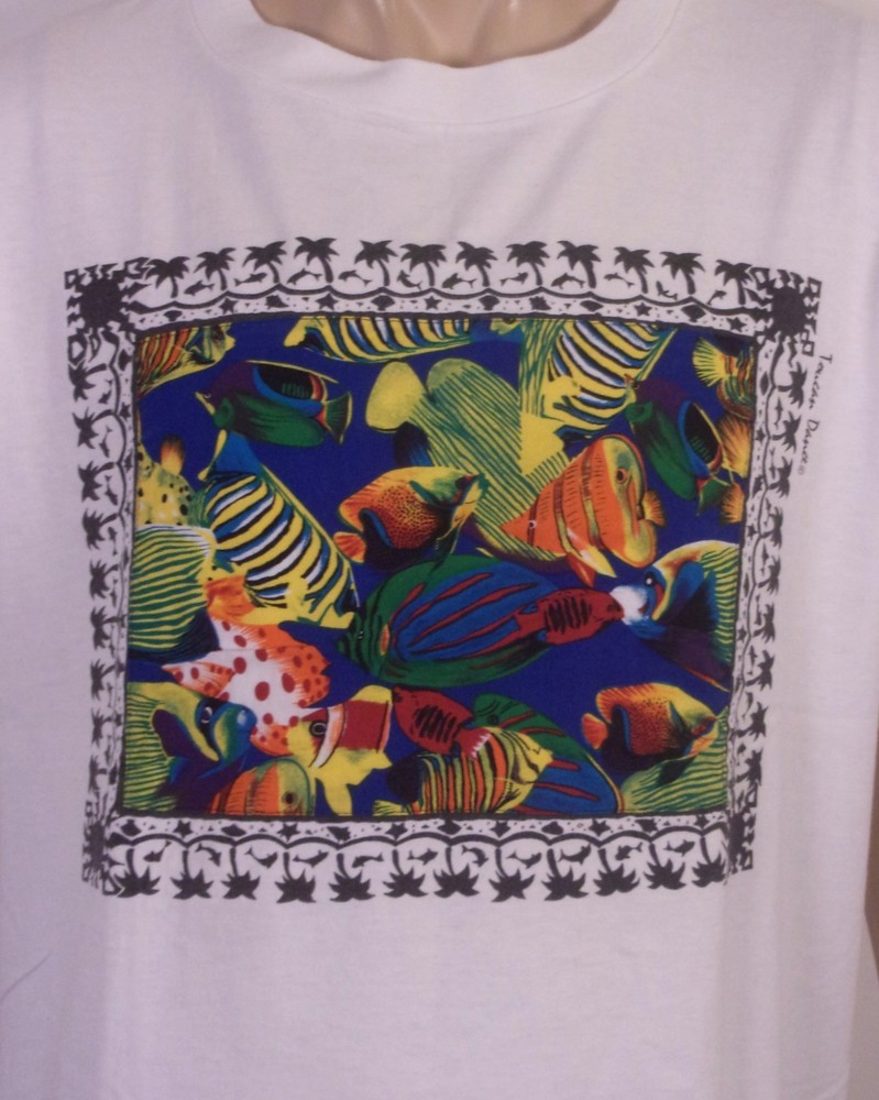 vintage 80s 90s Neon Tropical Fish T-Shirt Tribal Art Nature Animal SZ XL