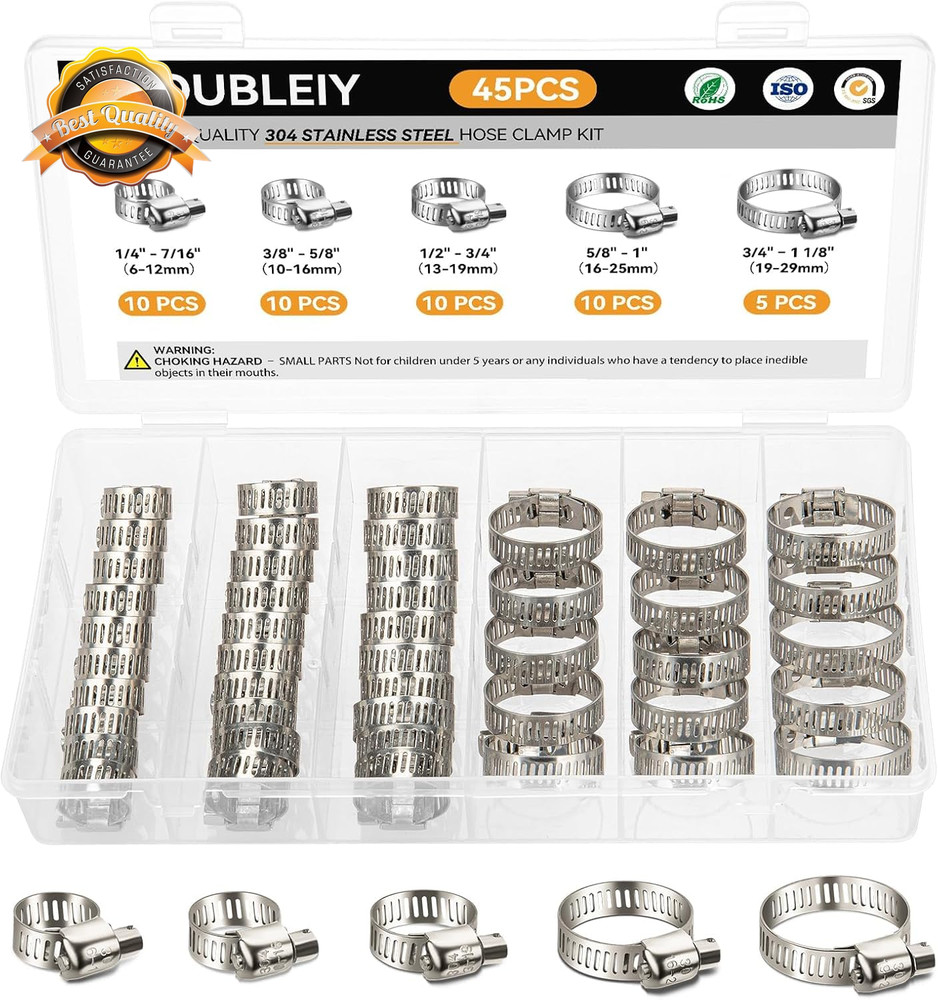 45Pcs Stainless Steel Hose Clamp Kit Worm Gear Adjustable 6-29mm