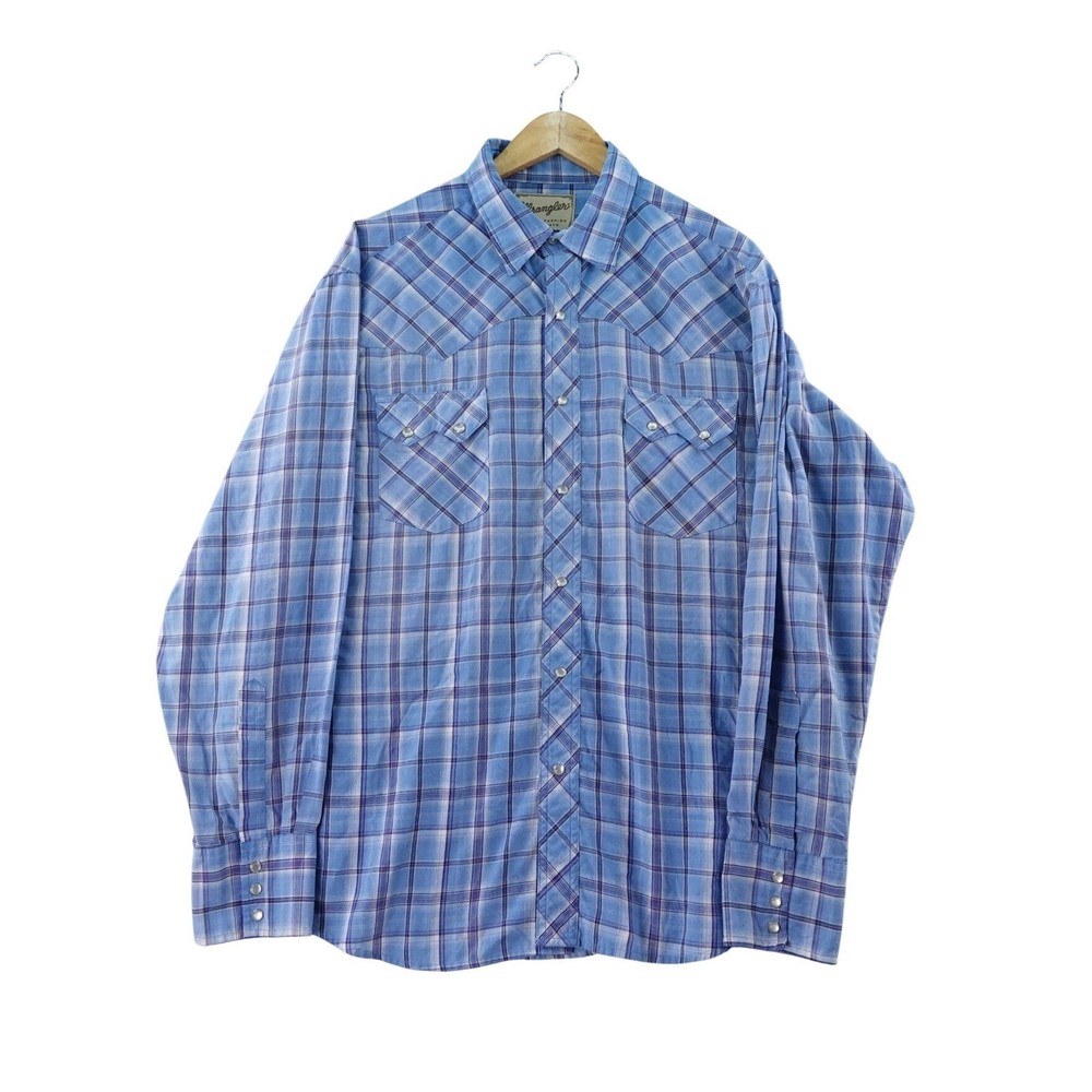 Wrangler Western Pearl Snap Shirt Mens 2XL Plaid Long Sleeve Blue Purple Cowboy