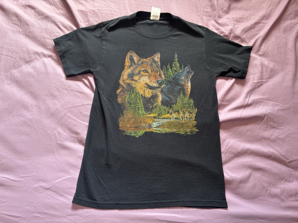 Vintage Wolf Nature Shirt Mens Small Black Faded Wolves Forest Wildlife Animal