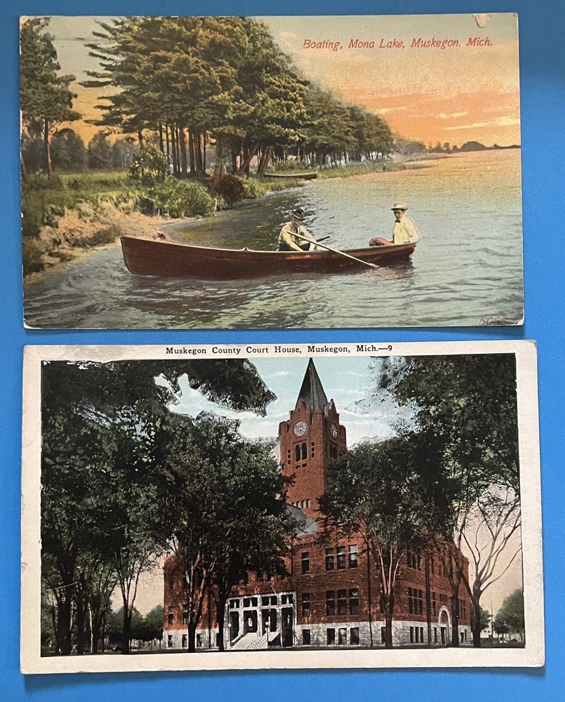 Muskegon Michigan Postcard Lot Boating On Mona Lake & County Courthouse ￼