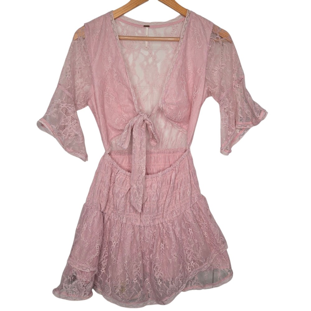 Free People Natural Pink Lala Lace Tie Front Bell Sleeve Mini Dress Size XS