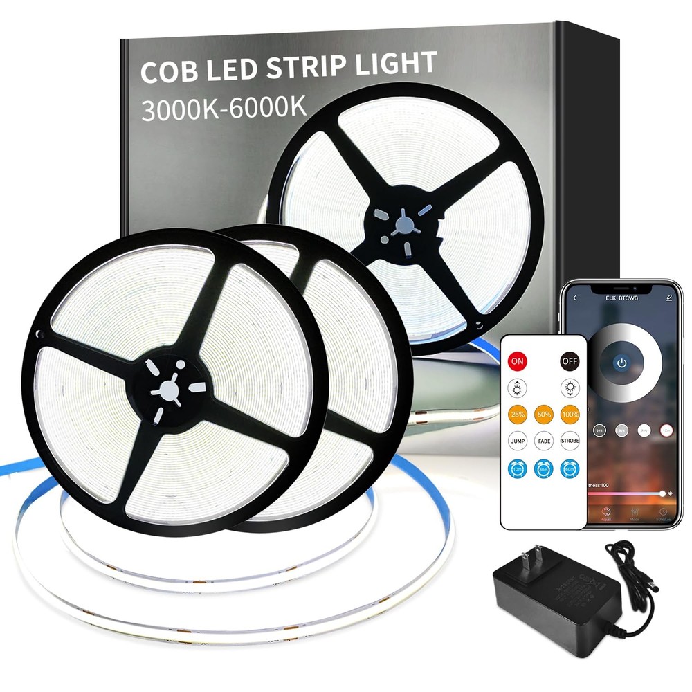 100FT COB LED Strip Lights White Dimmable DC 24V 6000K Flexible LED Tape Ligh...