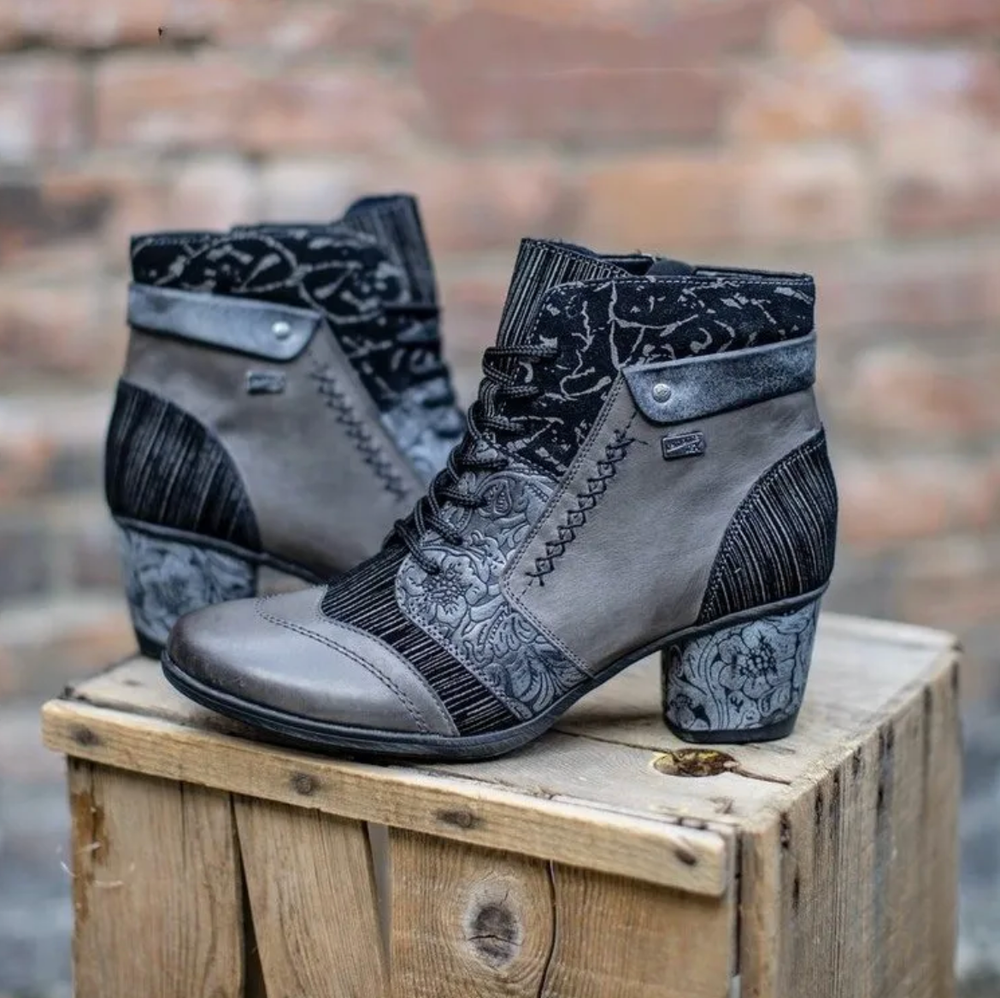 Remonte Ankle Boots Women's 6.7 (37) Leather Embrossed Laced Heeled Equestrian