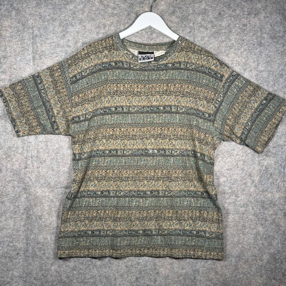 Vintage 90s Bugle Boy All Over Pattern Multi Color T Shirt Mens Size M 21x28 USA